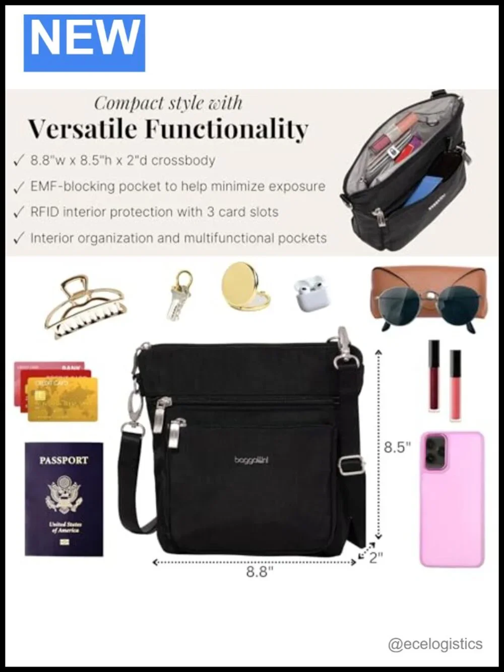 Nylon Crossbody Bag with EMF & RFID Blocking, Adjustable Strap, 6 Pockets